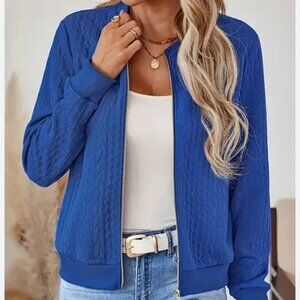 Women's Royal Blue Long Sleeve Jacquard Zip Front Bomber Jacket Size L